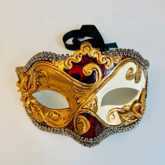 Venetian Red, White, Gold Papier-mâché Carnival Mask Decorative Decor - Picture 1 of 9